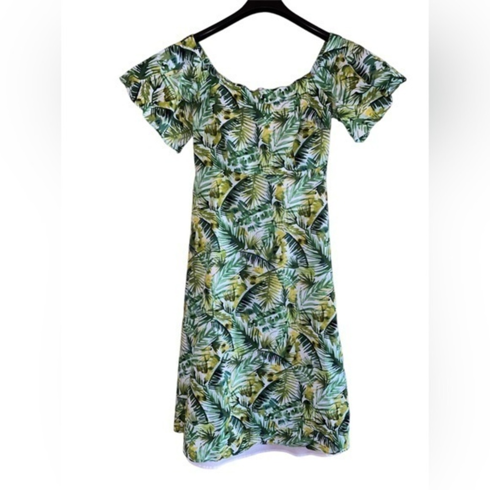 Clover and Sloane Hawaiian Tropical Palm Off the Shoulder Dress Medium Resort